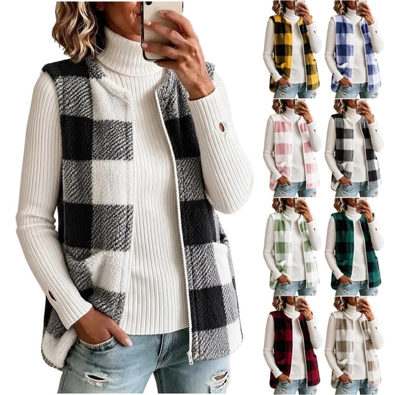 QATAINLAV Womens Sherpa Vest Plaid Checkered Fluffy Sleeveless Jacket Lightweight Zip Up Fall Coats with Pockets
