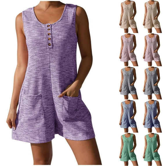 QATAINLAV Womens Short Jumpsuits with Pockets Casual Waffle Knit Button Front Rompers Solid Color Summer Sleeveless Onesies Shorts Loungewear Green XXXL Summer Savings