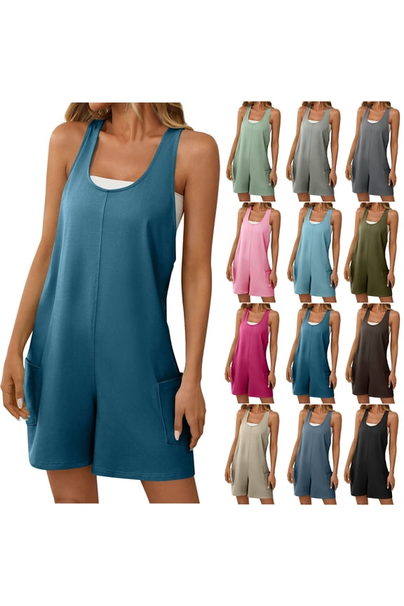 Womens Short Rompers Dressy Casual Sleeveless Tank Jumpsuit with Pockets Solid Loose Comfy Onesie Shorts Summer Trendy Vacation Clothes Gray L Prime Sales