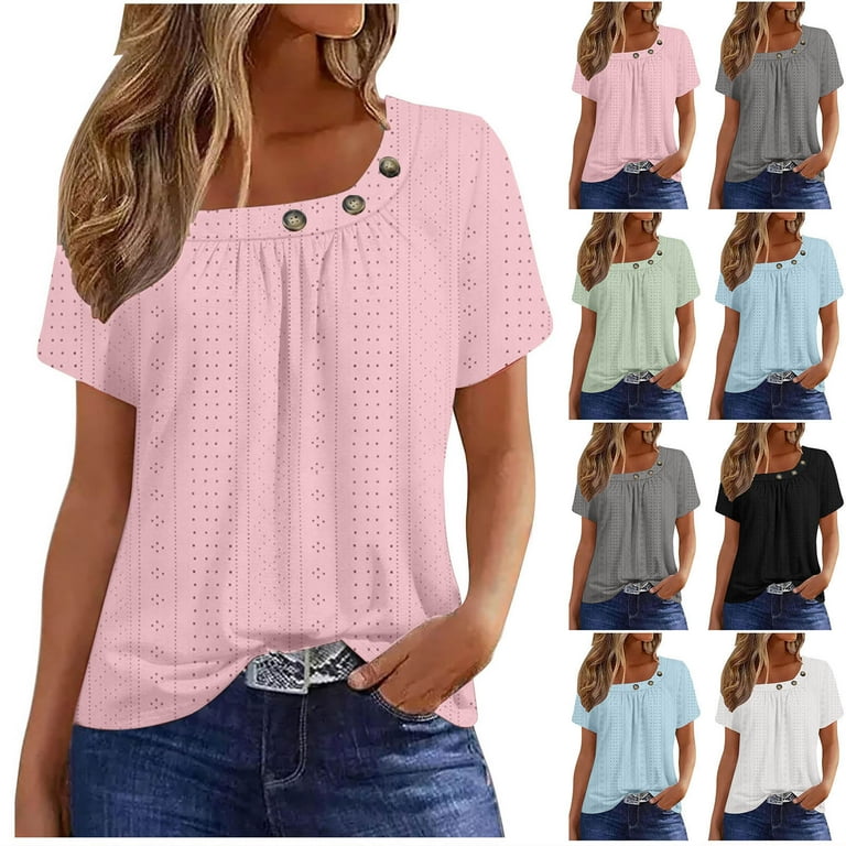QATAINLAV Womens Short Sleeve Blouses Dressy Casual Loose Fit T Shirts Summer Casual Button Decor Tunic Tops Solid Color Eyelet Embroidery Tee Prime By Hour Pink XL Walmart