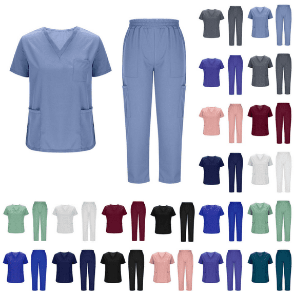 QATAINLAV Womens Short Sleeve Scrub Suit Set 2025 Casual V Neck Tops and Jogger Pants Solid Color Multi-Pocket Nursing Uniform Work Outfits White M Vacation Sale