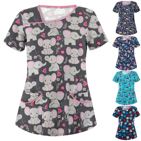QATAINLAV Womens Short Sleeve Scrub Tops Cute Animal Printed V Nursing Scrubs Shirt Medical Working Uniform Pocketed T-shirt Holiday Workwear on Sale Blue M