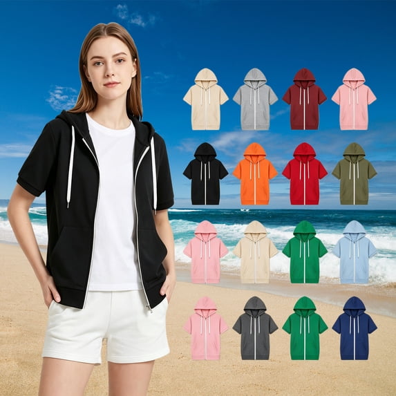QATAINLAV Womens Short Sleeve Zip Up Hoodies Lightweight Slim Fit Drawstring Hooded Sweatshirts Summer Casual Fashion Clothes Red L