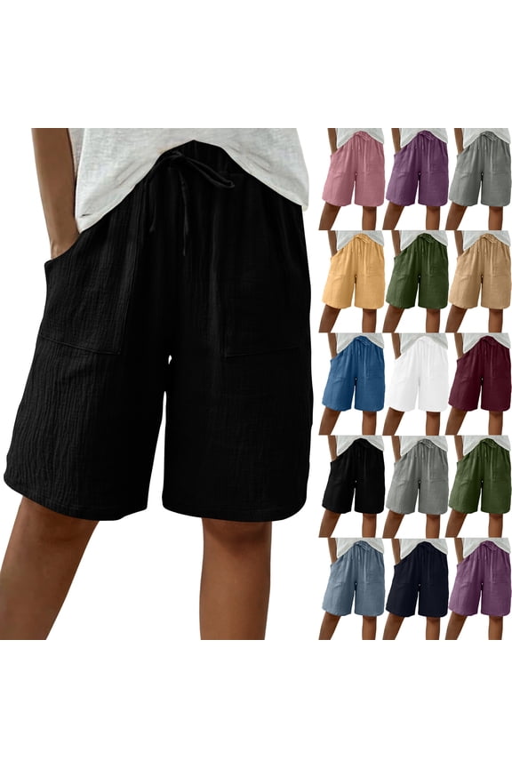 Womens Shorts Casual with Pocket Drawstring High Waist Wide Leg Shorts Summer Lightweight Comfy Linen Beach Bermuda Shorts Vacation Outfits Blue M