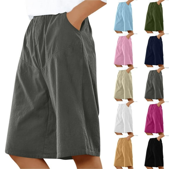 QATAINLAV Womens Shorts Dressy Casual Summer Wide Leg Bermuda Shorts Lightweight Cotton Linen Knee Length Beach Shorts with Pockets Pink M Prime Sales of The Day