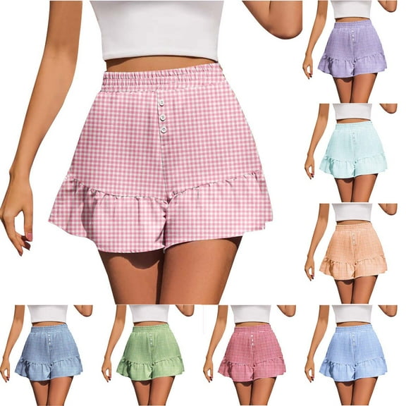 QATAINLAV Womens Shorts Summer Casual Ruffle Y2K Trendy Button High Waisted Skorts Floral Pleated Hem Plaid Lounge Shorts Green M Ofertas Flash Del Dia