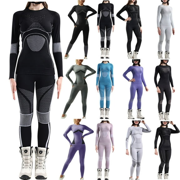 QATAINLAV Womens Skiing Thermal Underwear 2 Piece Outfits Winter Outdoor Warm Slim Shirts Tops and Legging Johns Tracksuits Base Layer Sets, Black, L