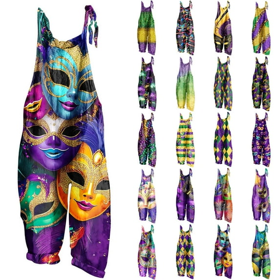 QATAINLAV Womens Sleeveless Jumpsuits Carnival Fashion Printed One Piece Jumper Pants Cotton Linen Comfy Adjustable Strap Romper for Mardi Gras Multicolor L Ofertas Flash Del Dia