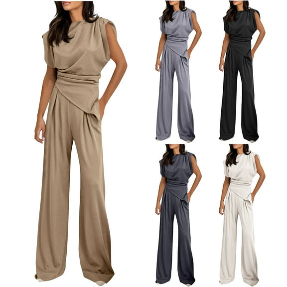 QATAINLAV Womens Solid Color Irregular Tops and High Waist Wide Leg Trousers 2 Piece Sets Sleeveless Crewneck Vest Jumpsuits Gray XXL Ofertas en Walmart