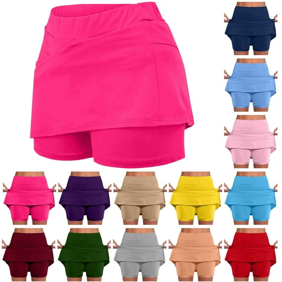 QATAINLAV Womens Solid Color Yoga Athletic Skorts Casual Stretchy High Waist Soft Comfy Golf Tennis Skirts with Shorts Hot Pink S