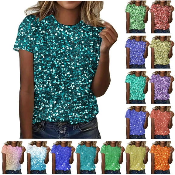 QATAINLAV Womens Sparkle Print Short Sleeve T Shirts Dressy Causal Round Neck Tops Loose Fit Plus Size Blouses Summer Clothes Blue XXXXXL