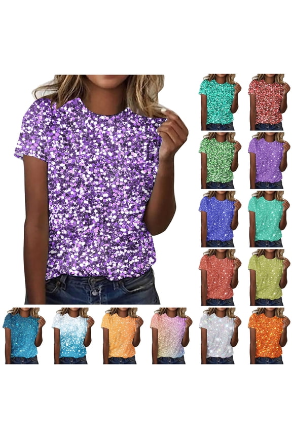 Womens Sparkle Print Short Sleeve T Shirts Dressy Causal Round Neck Tops Loose Fit Plus Size Blouses Summer Clothes, Orange, XXXL