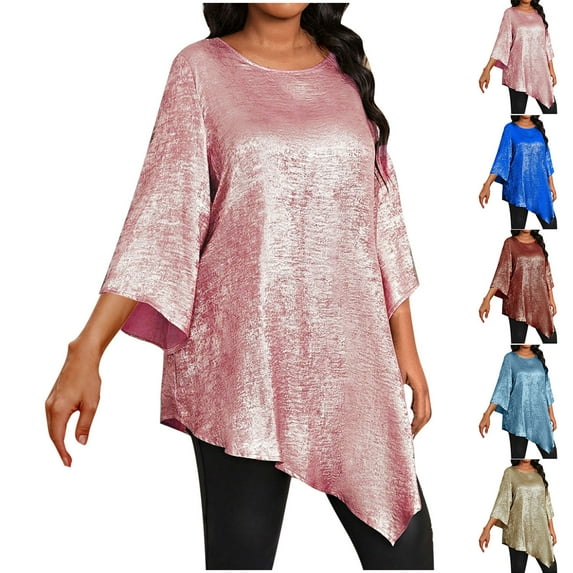 QATAINLAV Womens Sparkly Oversized Tshirts Dressy Casual 3/4 Sleeve Crew Neck Tunic Loose Asymmetrical Hem Blouse Fall Clothes Going Out Tops, Purple, XXL