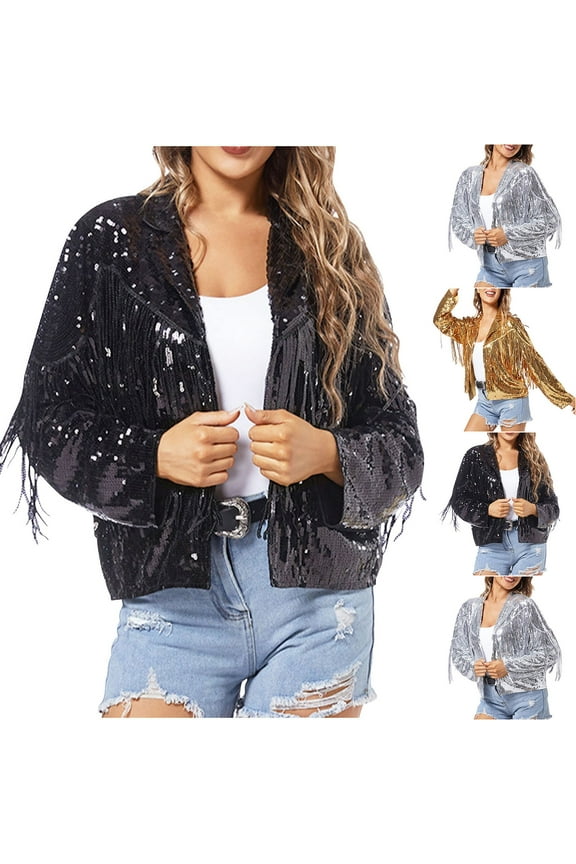Womens Sparkly Sequin Jacket Fashion Glitter Tassel Hem Coat Party Evening Fringe Cardigans Y2K 90s Streetwear, Gold, L