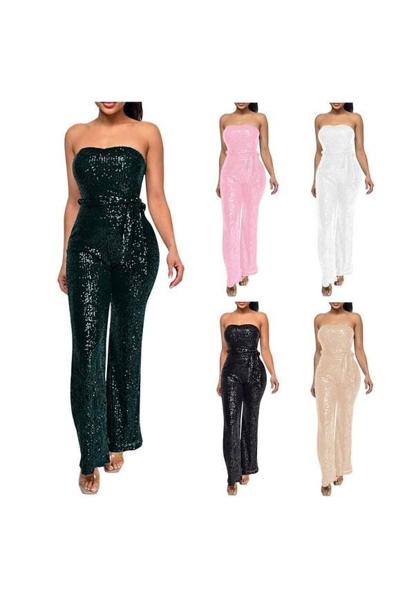 Womens Sparkly Strapless Jumpsuits Sequin Casual Sleeveless Rompers High Waist Belted Wide Leg Glitter One Piece Pants Elegant Overalls Party Clubwear Warehouse Sales Today Pink M