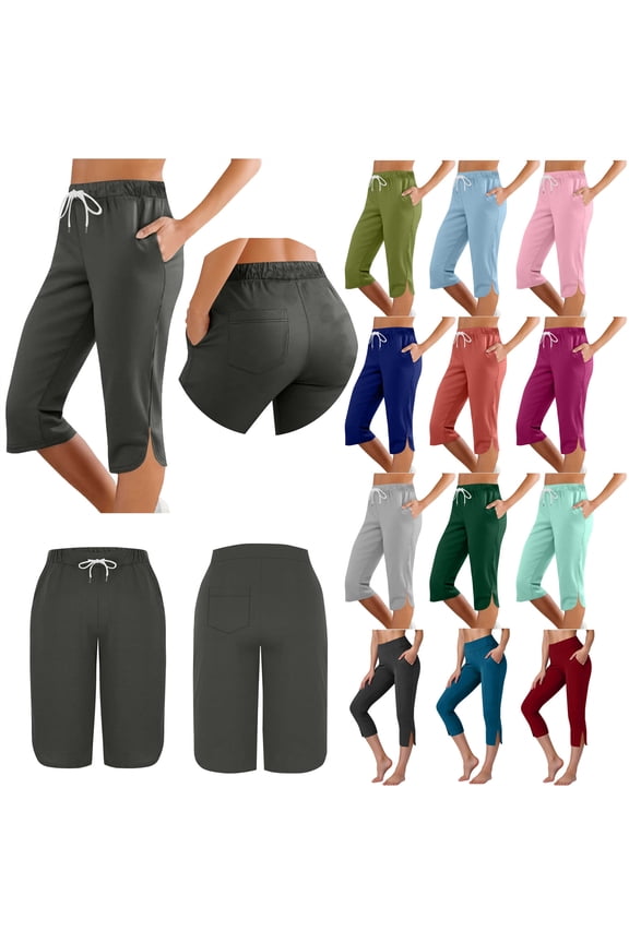 Womens Split Side Capri Sweatpants Loose Fit Elastic Waist Cropped Running Joggers Pants with Pockets Green S