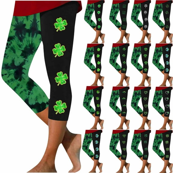 QATAINLAV Womens St Patricks Day Leggings Casual Tummy Control High Waisted Cropped Leggings Fashion Clover Print Workout Capri Pants Green XXL
