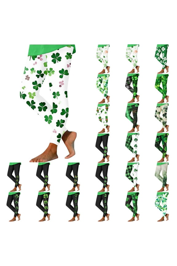 Womens St Patricks Day Leggings High Waist Funny Shamrock Graphic Legging Tights Stretchy Workout Yoga Pants Green M Sales for Today