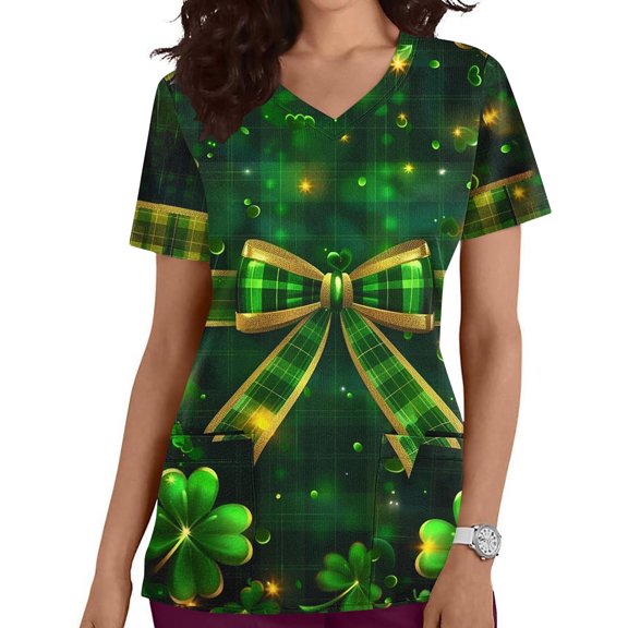QATAINLAV Womens St Patricks Day Scrub Tops Lucky Shamrock Print V Neck Short Sleeve Stretchy Medical Nursing Scrubs Shirt Holiday Working Uniform Pocketed T-shirt Clearance Sale Gold L