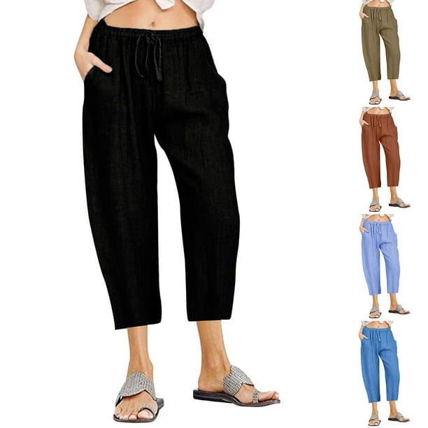 QATAINLAV Womens Straight Wide Leg Capris Loose Fit Cotton Linen Capri Pants Solid Color Cropped Trousers Outdoor Casual Drawstring Sweatpants with