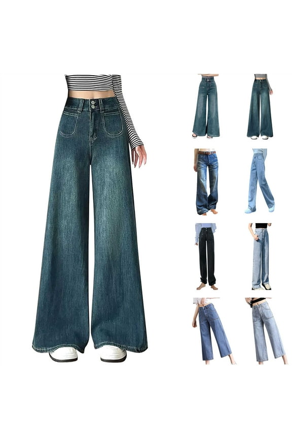 Womens Straight Wide Leg Jeans High Waisted Stretch Baggy Casual Denim Trousers Solid Color Jean Pant with Pockets Gray XL