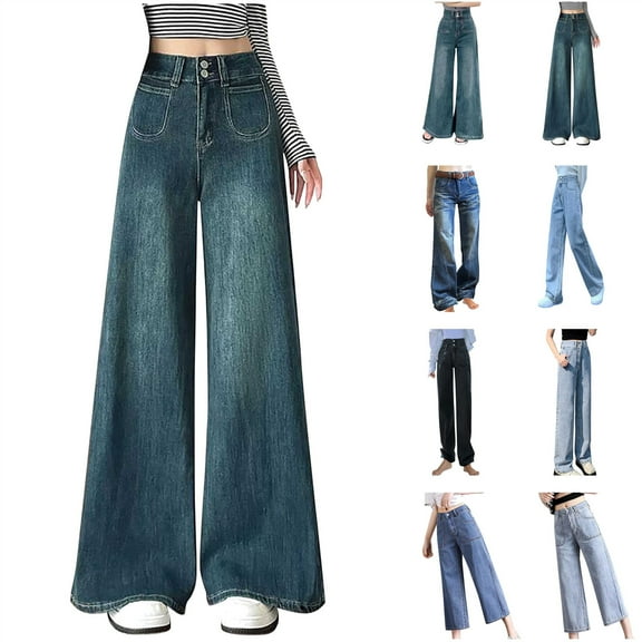 QATAINLAV Womens Straight Wide Leg Jeans High Waisted Stretch Baggy Casual Denim Trousers Solid Color Jean Pant with Pockets Gray XXL Gifts for Girls