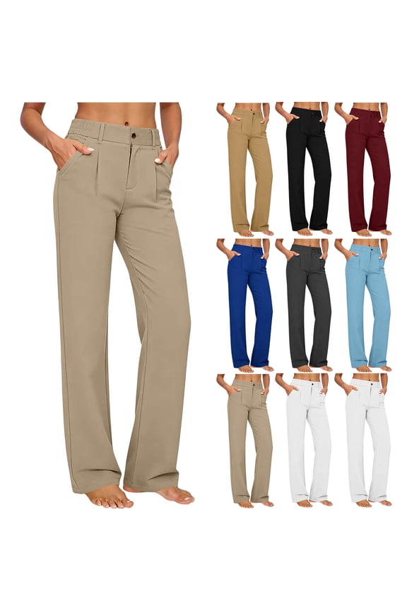 Womens Stretch Business Straight Leg Dress Pants with Pockets Solid Color Casual Work Slacks Elastic Waist Button Yoga Pants Khaki XXL