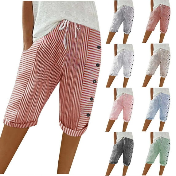 QATAINLAV Womens Stripe Print Shorts Summer Knee-Length Casual Bermuda Shorts Lounge Shorts Elastic Waist Side Button Shorts Blue S Lightening Sales