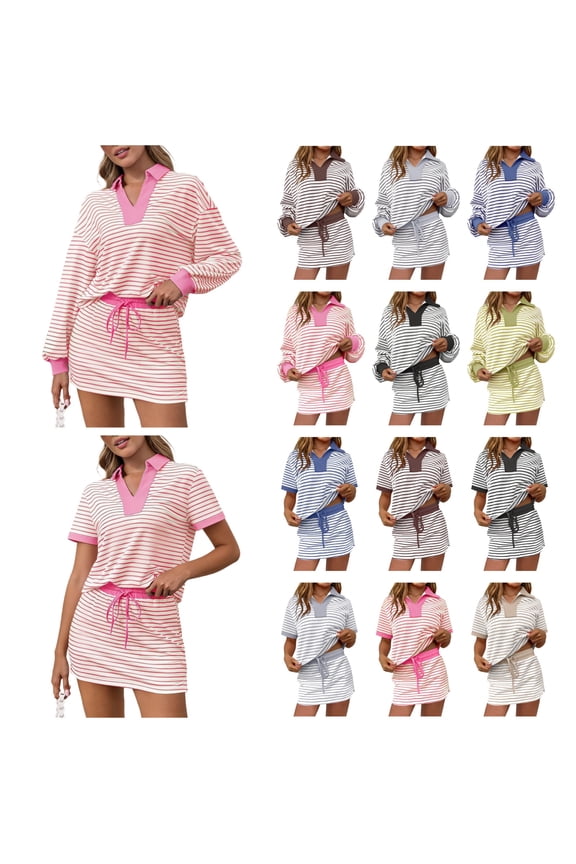 Womens Striped 2 Piece Outfits Casual Long Sleeve Sweatshirt and Skirt Skort Workout Set Matching Lounge Sets, Pink, M