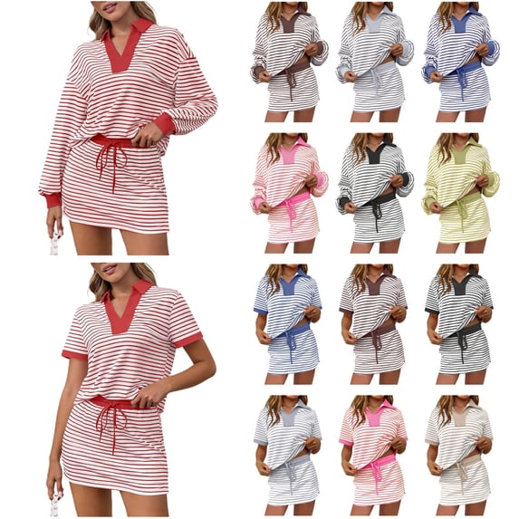 QATAINLAV Womens Striped 2 Piece Outfits Short Sleeve V Neck Tops and Drawstring Elastic Waist Tennis Skirts Summer Workout Set Red L