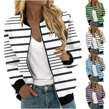 QATAINLAV Womens Striped Bomber Jacket 2024 Trendy Casual Varsity Jacket Zip Up Long Sleeve Stand Collar Baseball Jacket with Ribbed Cuffs and Pockets Today's Deals Green XXL