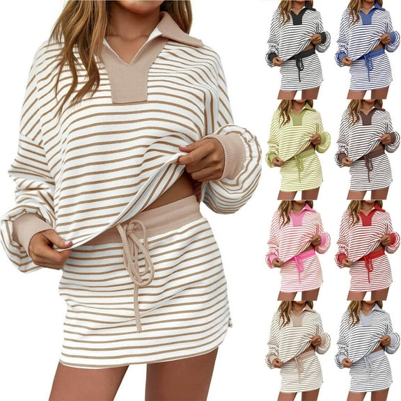QATAINLAV Womens Striped Lounge Set Long Sleeve Polos Sweatshirt and High Waist Mini Skort Casual 2 Piece Skirt Outfits, Pink, S