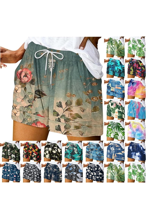 Womens Summer Bohemian Shorts with Pockets Drawstring Casual High Waisted Wide Leg Beach Shorts Loose Fit Bermuda Shorts Multicolor M