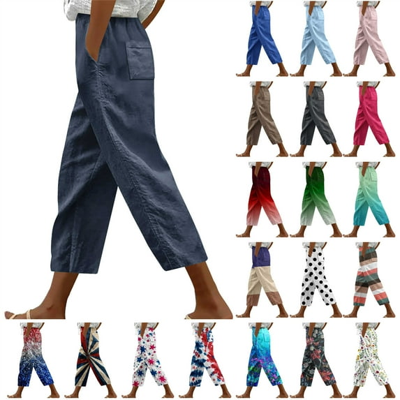 QATAINLAV Womens Summer Capri Pants Casual Drawstring Elastic High Waist Cropped Trousers Trendy Floral Print Wide Leg Beach Capris Pants Multicolor 3XL Sales of The Day