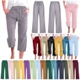 thumbnail image 1 of QATAINLAV Womens Summer Casual Linen Capri Pants Solid Elastic Loose Straight Wide Leg Cropped Trousers Beach Vacation Capris with Pockets Green S, 1 of 6