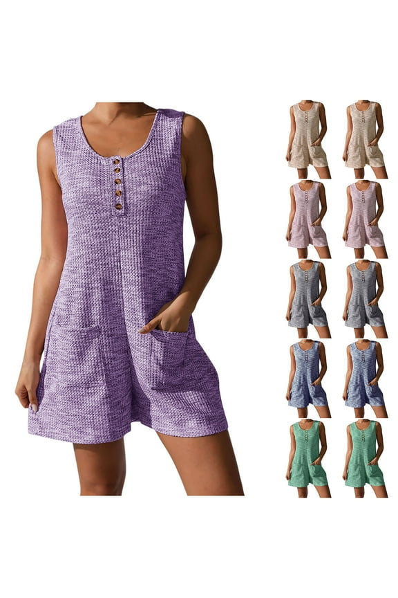 Womens Summer Casual Waffle Knit Rompers Button Front V Neck Sleeveless Jumpsuits Beach Vacation Onesie Shorts with Pockets Blue XXXL