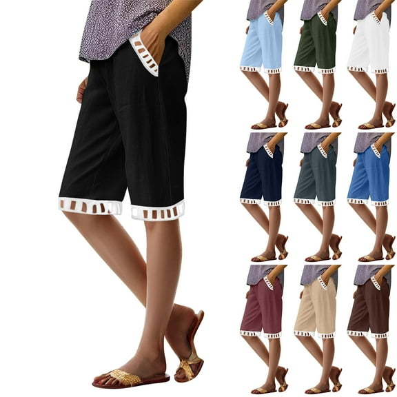 QATAINLAV Womens Summer Comfy Linen Shorts Casual Solid Beach Bermuda Shorts with Pocket Ladies Elastic Waist Knee Length Short Pants Blue L