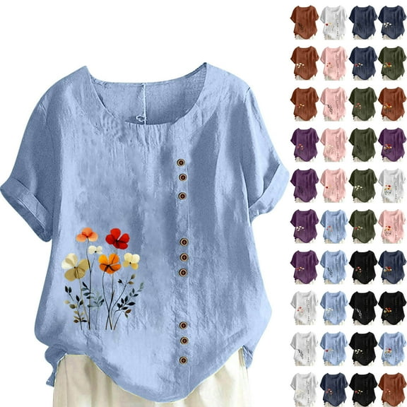 QATAINLAV Womens Summer Cotton and Linen Button Round Neck Tees Shirt Fashion Boho Floral Print Beach Tops Casual Plus Size Short Sleeve Blouses Army Green XXXL Ofertas en Walmart