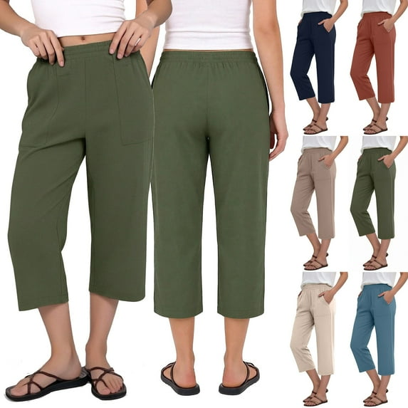 QATAINLAV Womens Summer Drawstring High Waisted Capri Pants Solid Color Casual Cropped Trousers with Pockets, Coffee, XL