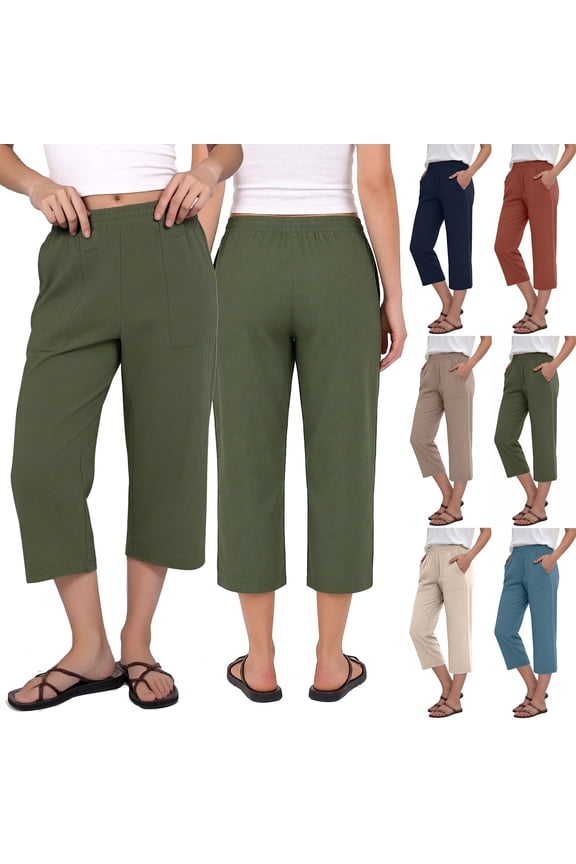 Womens Summer Drawstring High Waisted Capri Pants Solid Color Casual Cropped Trousers with Pockets, Khaki, XXL