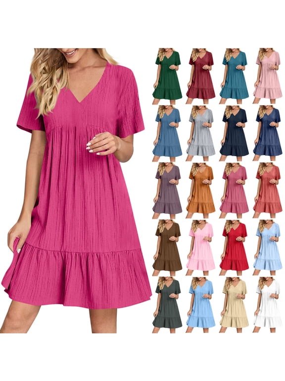 Womens Summer Dress Short Sleeve V Neck Mini Dress Flowy Boho Pleated Ruffle A Line Swing Sundress
