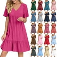 thumbnail image 1 of QATAINLAV Womens Summer Dress Short Sleeve V Neck Mini Dress Flowy Boho Pleated Ruffle A Line Swing Sundress Navy XXXXXL Gifts for Mom, 1 of 10
