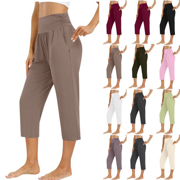 QATAINLAV Womens Summer Elastic High Waisted Capris Causal Solid Milk Silk Soft Yoga Pants Pleated Workout Athletic Cropped Pants with Pockets Beige L 2025