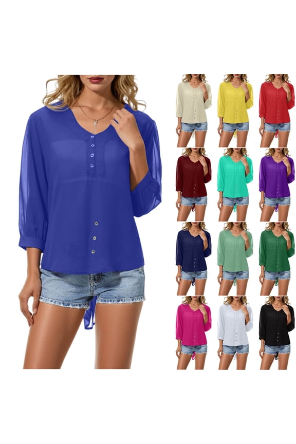Womens Summer Gauzy Tops Trendy 3/4 Sleeve Semi Sheer Henley Shirts Solid Color Chiffon Cover Up Tunic Shirt Purple M