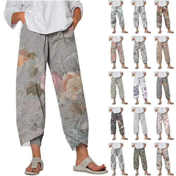 QATAINLAV Womens Summer Linen Beach Pants Casual Elastic Waist Tulips Hem Cropped Trousers Plus Size Fashion Print Harem Pants with Pockets Multicolor M