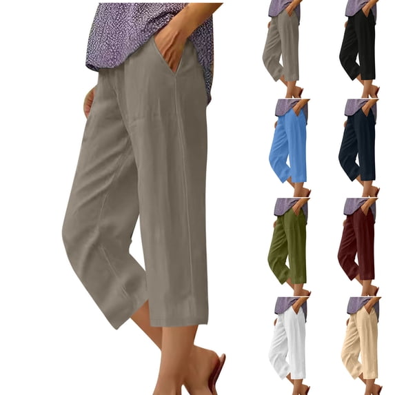QATAINLAV Womens Summer Linen Capri Pants Casual Drawstring Elastic Waist Straight Leg Capris Solid Color Cropped Trousers with Pockets Black XXL Sales Today
