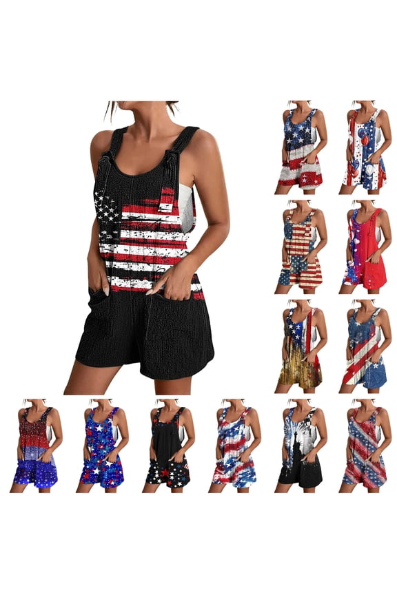 Womens Summer Loose Linen Rompers with Pockets Vacation Beach Outfits American Flag Print 4th of July Patriotic Jumpsuits Multicolor L Ropa de Verano Para Mujer