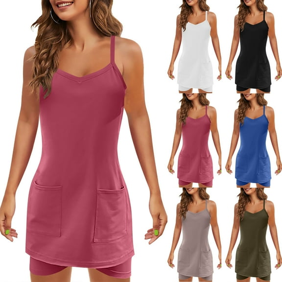 QATAINLAV Womens Summer Mini Romper Dress Sleeveless V Neck Spaghetti Strap Outfits Built in Shorts 2 Piece Workout Tennis Short Dress Sets Army Green S Weekly Sale