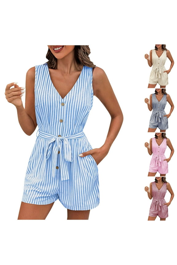 Womens Summer Romper Striped V Neck Button Up Onesie Shorts Casual Sleeveless Short Jumpsuits Beach Vacation Outfits, Light Blue, XL