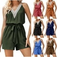 thumbnail image 1 of QATAINLAV Womens Summer Rompers Lace V Neck Beach Casual Tank Romper 2025 Sleeveless Casual Waist Tie Short Jumpsuit with Pocket Black XL on Sale Clearance, 1 of 8